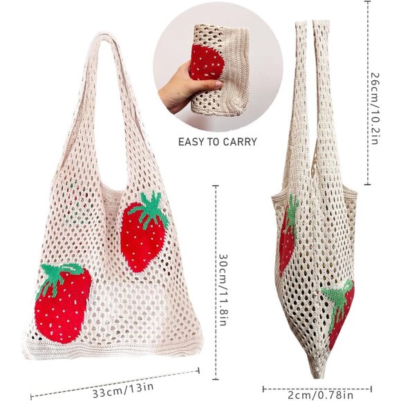 Crochet Tote Bag Strawberry Pattern Beach Bag Summer Shoulder Handbag - Picture 2 of 6